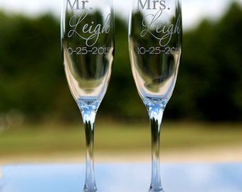2 of Personal Wedding Party Gift Etched  Personalized Mr. and Mrs. Bride and Groom Champagne Tall Flute Glasses-  Ships in 1-3 business days