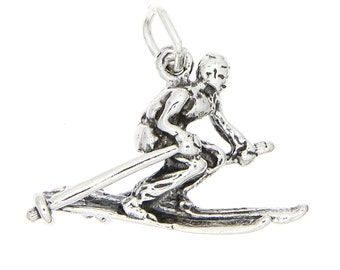 Sterling Silver Snow Skier Charm Pendant (3D Charm) -with Options