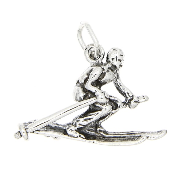 Sterling Silver Snow Skier Charm Pendant (3D Charm) -with Options