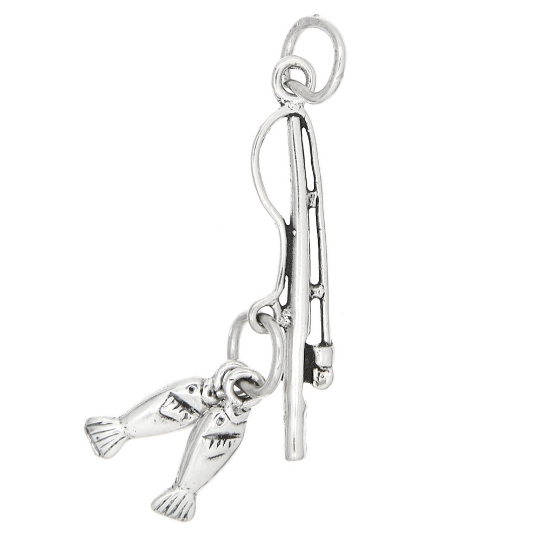 Sterling Silver Fisherman's Fishing Pole - Rod and Reel with 2 Fish Charm (3D Charm) -with Options