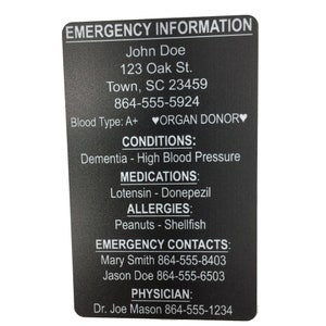 Información de emergencia personalizada Alerta médica Identificación médica Mascota en casa Tarjeta de billetera con inserción (con opciones)