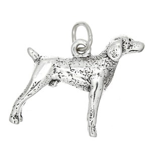 May include: A silver charm in the shape of a standing dog. The charm has a detailed, textured surface and a loop at the top for attaching to a bracelet or necklace.