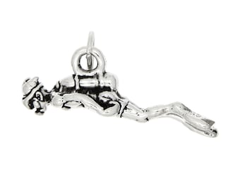 Scuba Diver with Tank Sterling Silver 3D Charm Pendant  -with Options
