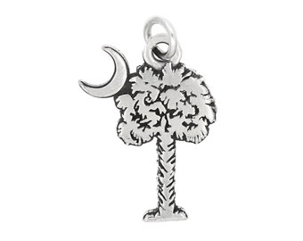 Sterling Silver Palmetto Tree Palm Tree with Crescent Moon Charm Pendant -with Options