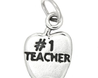 Sterling Silver #1 Teacher Apple Charm Pendant (One Sided Charm) -with Options