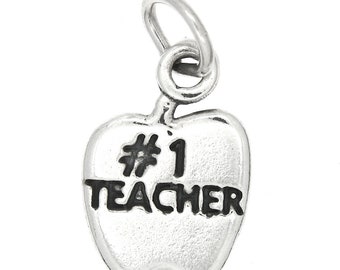 Teacher Apple Sterling Silver Charm Pendant (One Sided Charm) -with Options