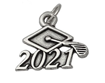 Sterling Silver Oxidized Class of 2020 Graduation Cap Charm (With Options)