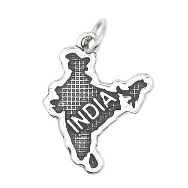 Sterling Silver Textured Country Map of India Travel Charm (Flat Charm)