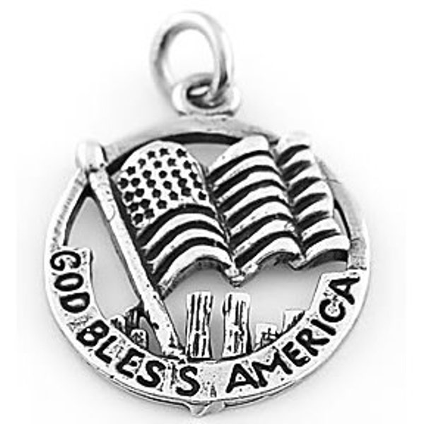Sterling Silver God Bless America Flag Cut Out Disc Twin Tower Charm (Flat Back Charm)
