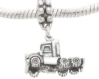 Sterling Silver Semi Truck European Dangle Bead Charm (3D - Hollow Bottom Charm)