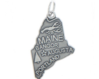 Details about / New Polished Rhodium Plated 925 Sterling Silver Maine State Map Charm Pendant