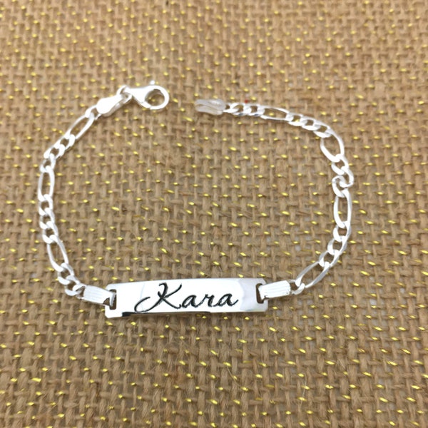 Sterling Silver Figaro Child Toddler ID Engravable Monogrammed Name Plate Child Bracelet Baptism Gift Christening Gift