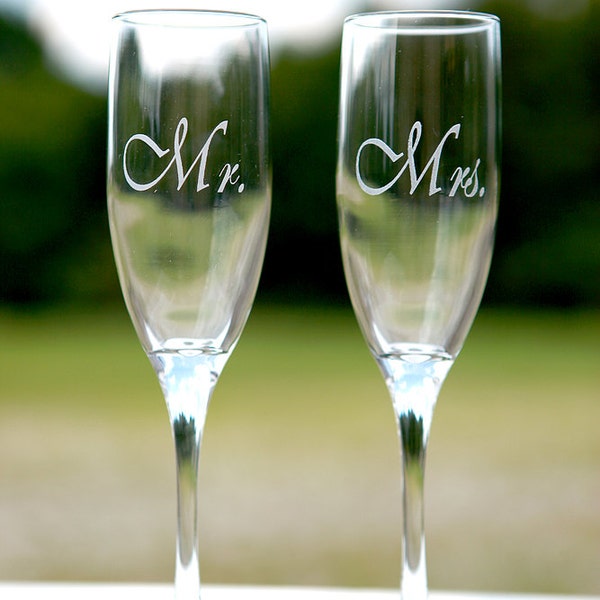 2 of Wedding Party Gift Etched Engraved Personalized Mr. and Mrs. Bride and Groom Champagne Tall Flute Glasses- Ships in 1-3 business days