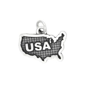 May include: A silver charm in the shape of the United States of America with the word "USA" printed on it.