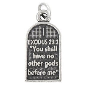 May include: Silver charm shaped like a stone tablet with the text "EXODUS 20:3 "You shall have no other gods before me"