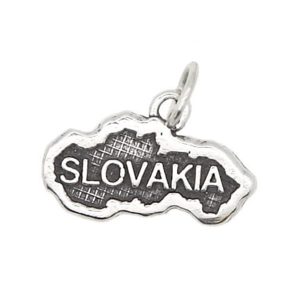 Sterling Silver Textured Country Map of Slovakia Travel Charm (Flat Charm)