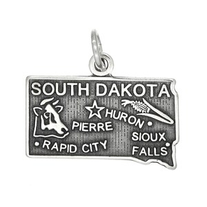South Dakota Sterling Silver Travel State Map Charm (Flat Charm) -with Options