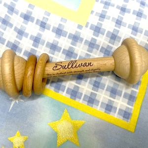 Personalized Beech Wood Baby Rattle: Natural Keepsake with Rings