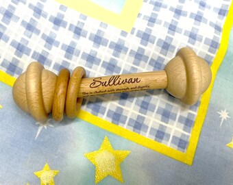 Personalized Keepsake Wooden Natural Organic Wood Rattle Natural Wood Rattle with 2 Rings Classic Rattle