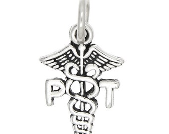 Sterling Silver Physical Therapist PT Caduceus Charm Pendant (Flat Charm) -with Options
