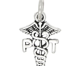 Physical Therapist PT Caduceus Small Sterling Silver Flat Charm Pendant -with Options