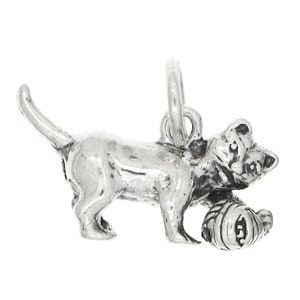 Cat with Ball of Yarn Kitten Sterling Silver Oxidized One Sided Charm -with Options