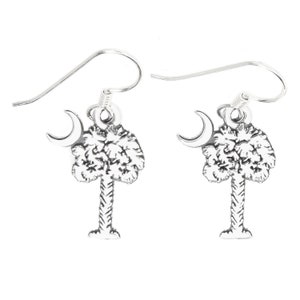 Palmetto Tree Crescent Moon Sterling Silver South Carolina Symbol Dangle Earrings