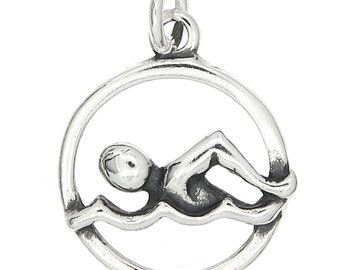 Swimmer Sterling Silver Cut out Frame of Swim Charm (Flat Charm) -with Options
