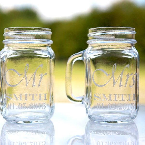 Personal Wedding Party Glass Gift Etched Engraved Personalized Mr. and Mrs. Mason Jars Mugs- Ships in 1-3 business days