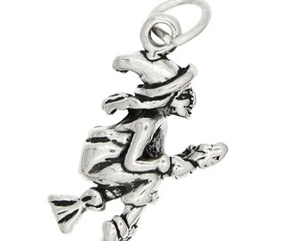 Witch Flying on a Broom Sterling Silver 3d Charm  -with Options