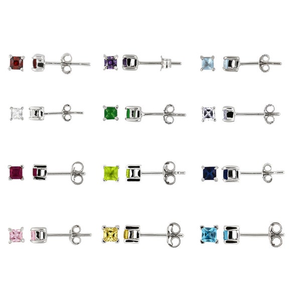 Sterling Silver Birth stone Color Princess cut Tiny Stud Earrings