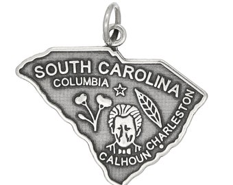 Sterling Silver Travel State Map of South Carolina Charm (Flat Charm) -with Options