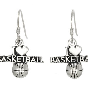 I Love Sports Themed Sports Fan or Player Athlete Sterling Silver  Dangle Earrings (Many Options to Choose From!)