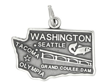 Sterling Silver Travel State Map Washington Charm (Flat Charm) -with Options