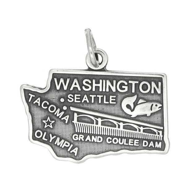 Sterling Silver Travel State Map Washington Charm (Flat Charm) -with Options