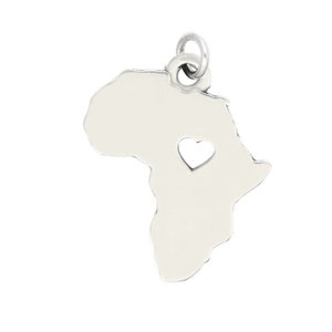 Plain Outline Africa Continent Map with Heart Cut Out Sterling Silver Charm -with Options