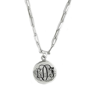 Paperclip Chain with Disc Personalized Monogrammed Sterling Silver 3 Millimeter Sturdy Necklace with Round Disc Pendant