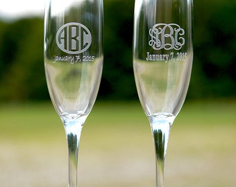 2 Personalized Wedding Party Gift Etched Engraved Tall Champagne Flute Glass- Ships in 1-3 business days