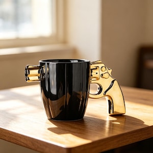 May include: Black ceramic coffee mug with a gold-colored gun handle and a gold-colored cylinder on the opposite side. The mug is sitting on a wooden surface. The mug is a unique novelty item.