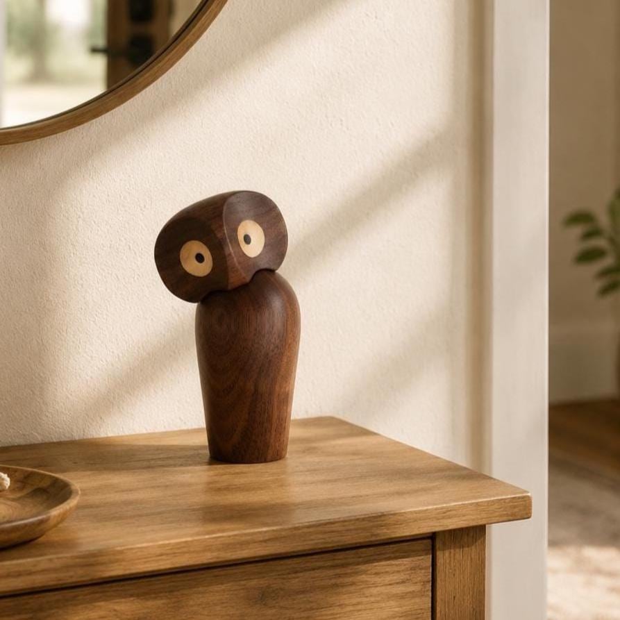 Handmade Wooden Owl Figurine, Minimalist Wood Sculpture Home Decor, Nordic Style Desk Ornament