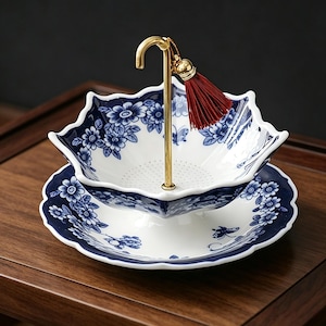 Puede incluir: Fuente de dos niveles con diseño floral en azul y blanco. El nivel superior tiene una base perforada y está sostenido por un soporte de metal dorado con una borla roja. El nivel inferior es un plato a juego.