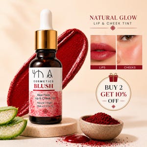 May include: A dark glass bottle of "BLUSH" lip and cheek tint with a white dropper and gold cap. The label reads "Aker Fassi" and "Natural Vegan". A swatch of red tint and images of lips and cheeks are shown. The text "BUY 2 GET 10% OFF" is also visible.