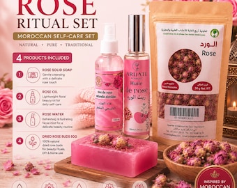 Moroccan Rose Spa Set | Floral Beauty Ritual Gift Box | Water Mist, Oil, Soap  Buds