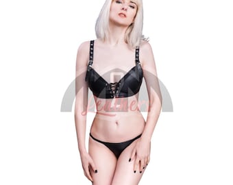 Black Leather Bra Top, Lace Up Bralette with Buckle Straps, Goth Corset Crop