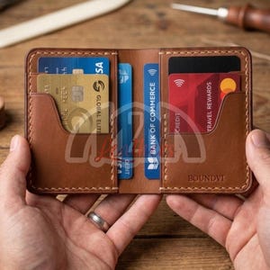 Pode incluir: Uma carteira de couro marrom, aberta para exibir cartões de crédito e débito. A carteira tem vários slots para cartões e é costurada com linha de cor clara. O texto "BOUNDVI" é visível no canto inferior direito.