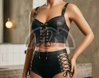 Unterwäsche Set aus schwarzem Leder-Schnür-BH und Unterwäsche mit hoher Taille - verstellbarer Bralette, maßgeschneiderte Dessous