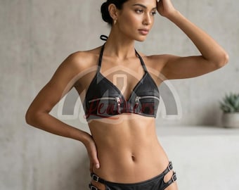 Conjunto de bikini de piel auténtica hecho a mano con copas con cremallera - Conjunto de dos piezas de piel de vaca hecho a medida