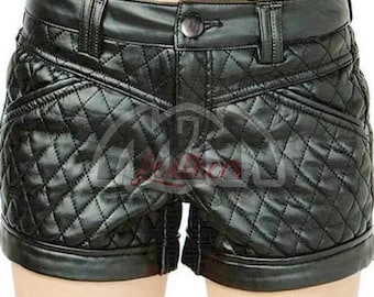 Handmade Black Leather Women’s Shorts – Quilted Genuine Leather Custom Fit Design