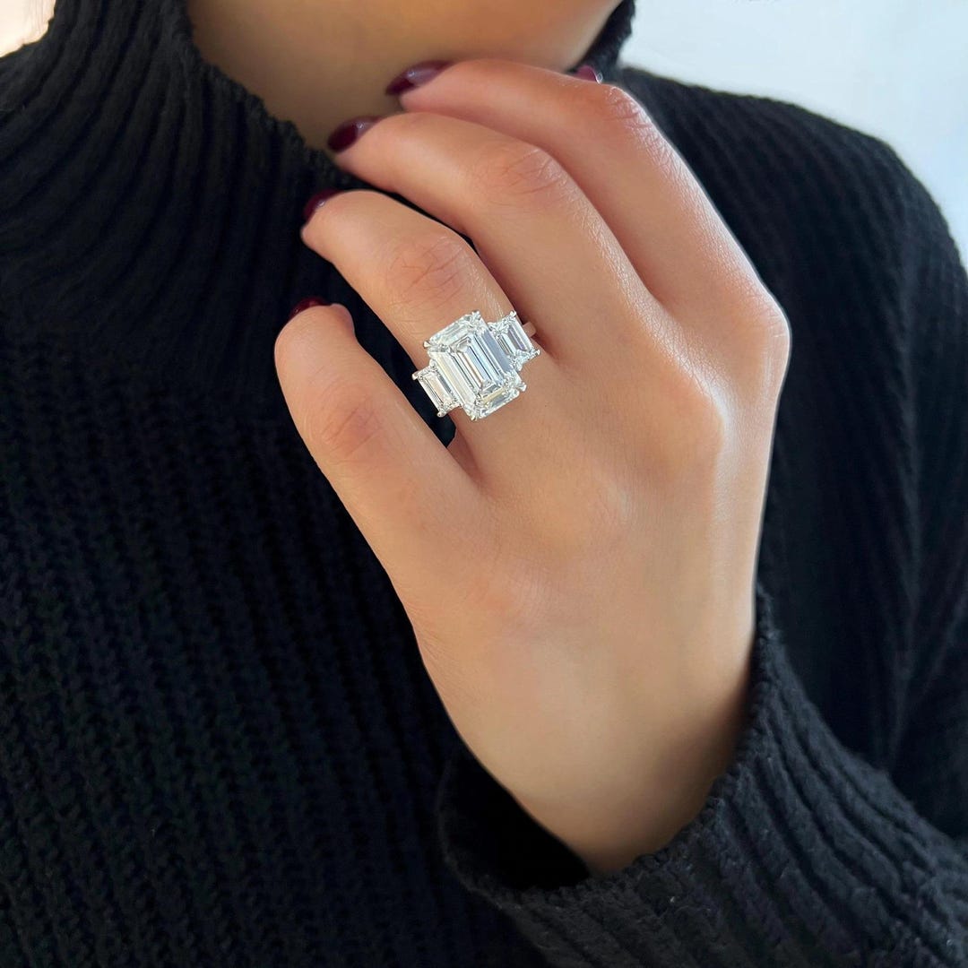12CT Emerald Cut Lab Grown Diamond Three Stone Ring 14K White Gold ...