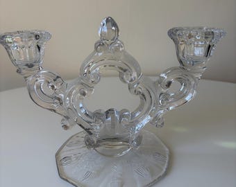 Vintage Clear Glass Double Candle Holder | Glows under UV